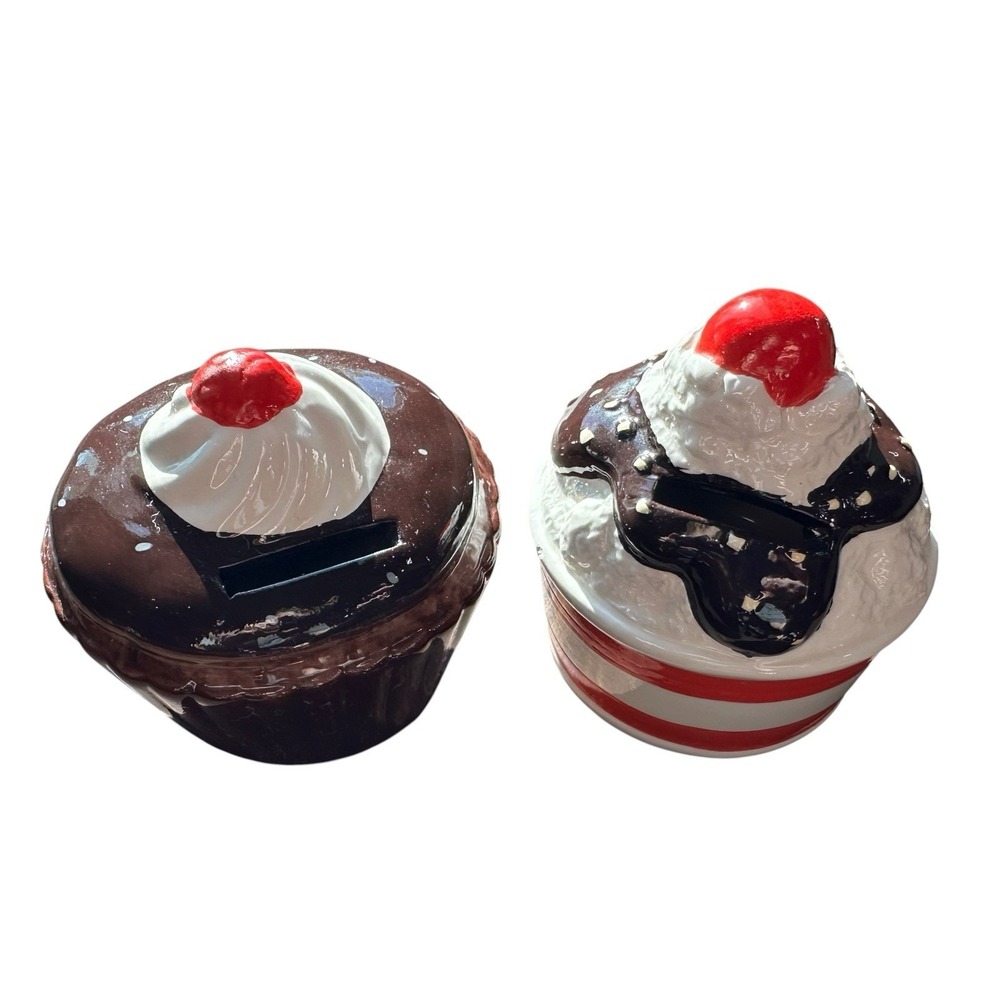 Vintage Cupcake & Ice Cream Sundae Ceramic Coin Bank Lot Set Whimsical Cottage - Picture 2 of 5